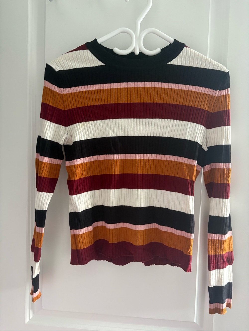 Divided Striped Ribbed Long-Sleeve Top in Black, White, Burgundy, Mustard & Pink